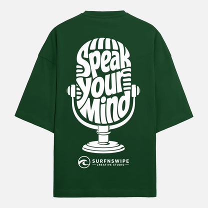 Green t-shirt with 'Speak Your Mind' graphic and Surfnswipe logo on a white background