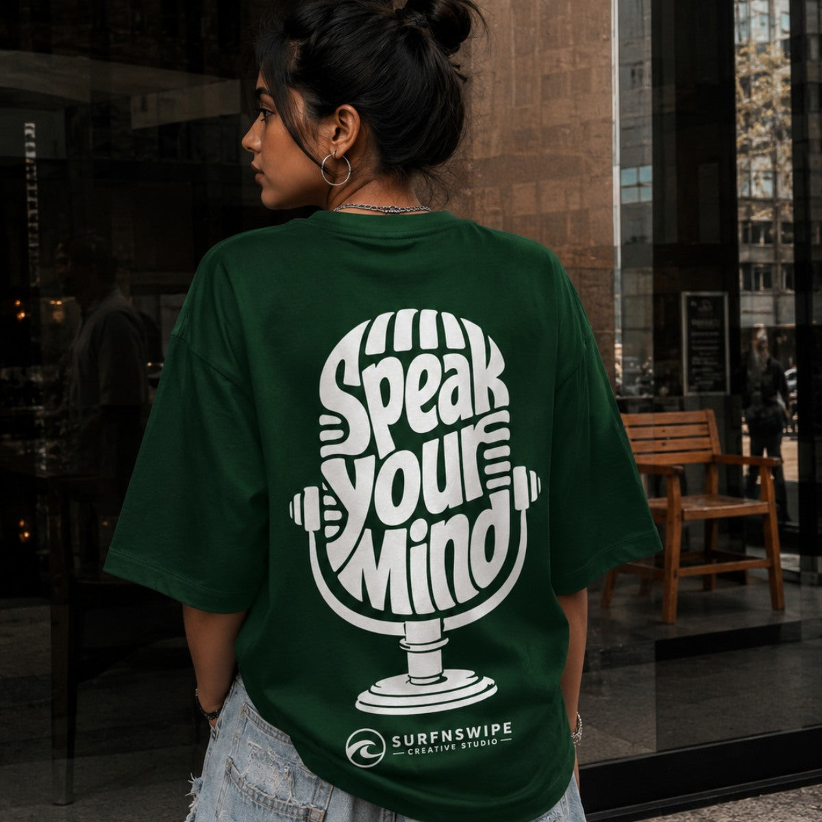 Speak Your Mind oversized graphic tee back print — vintage mic design on jet black heavyweight cotton