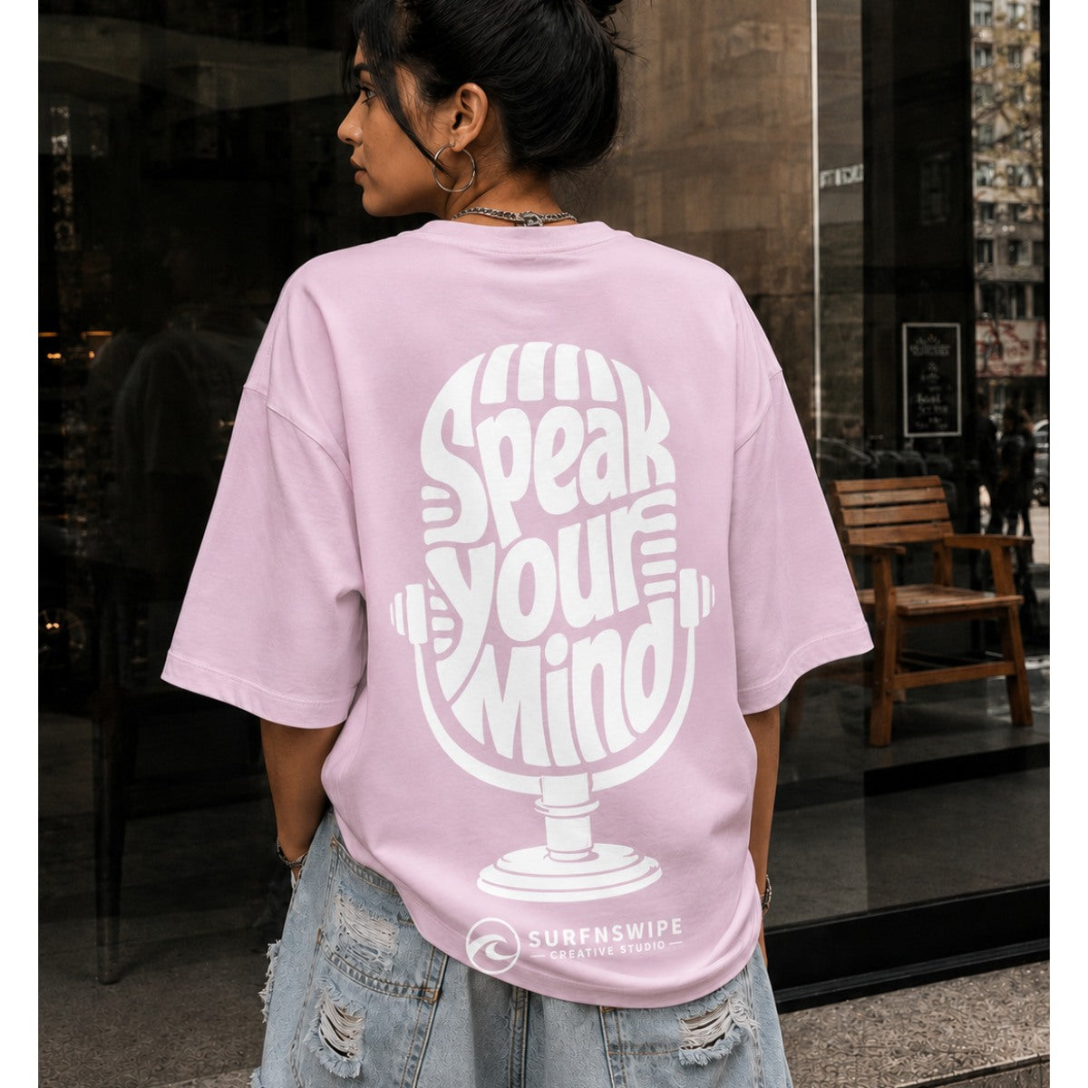 Speak Your Mind oversized graphic tee back print — vintage mic design on pink heavyweight cotton