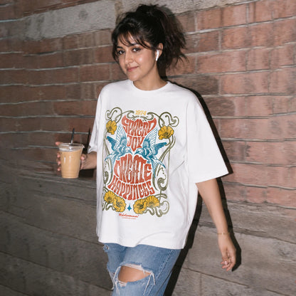 Spread Joy Create Happiness oversized retro graphic t-shirt with vintage bird and floral print, 240 GSM heavyweight cotton streetwear tee