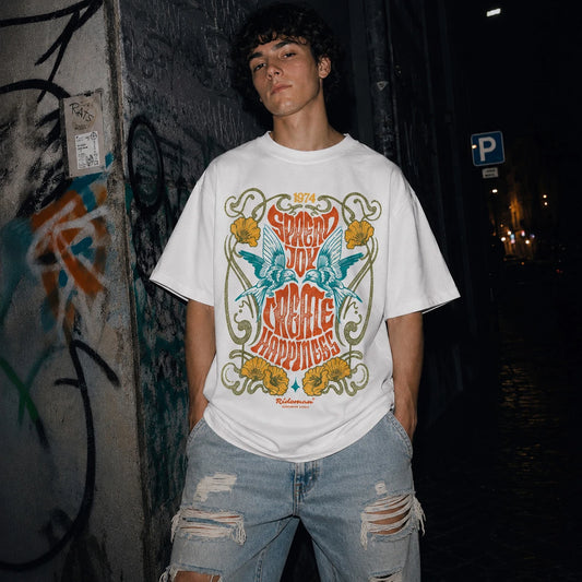 Spread Joy Create Happiness oversized retro graphic t-shirt with vintage bird and floral print, 240 GSM heavyweight cotton streetwear tee