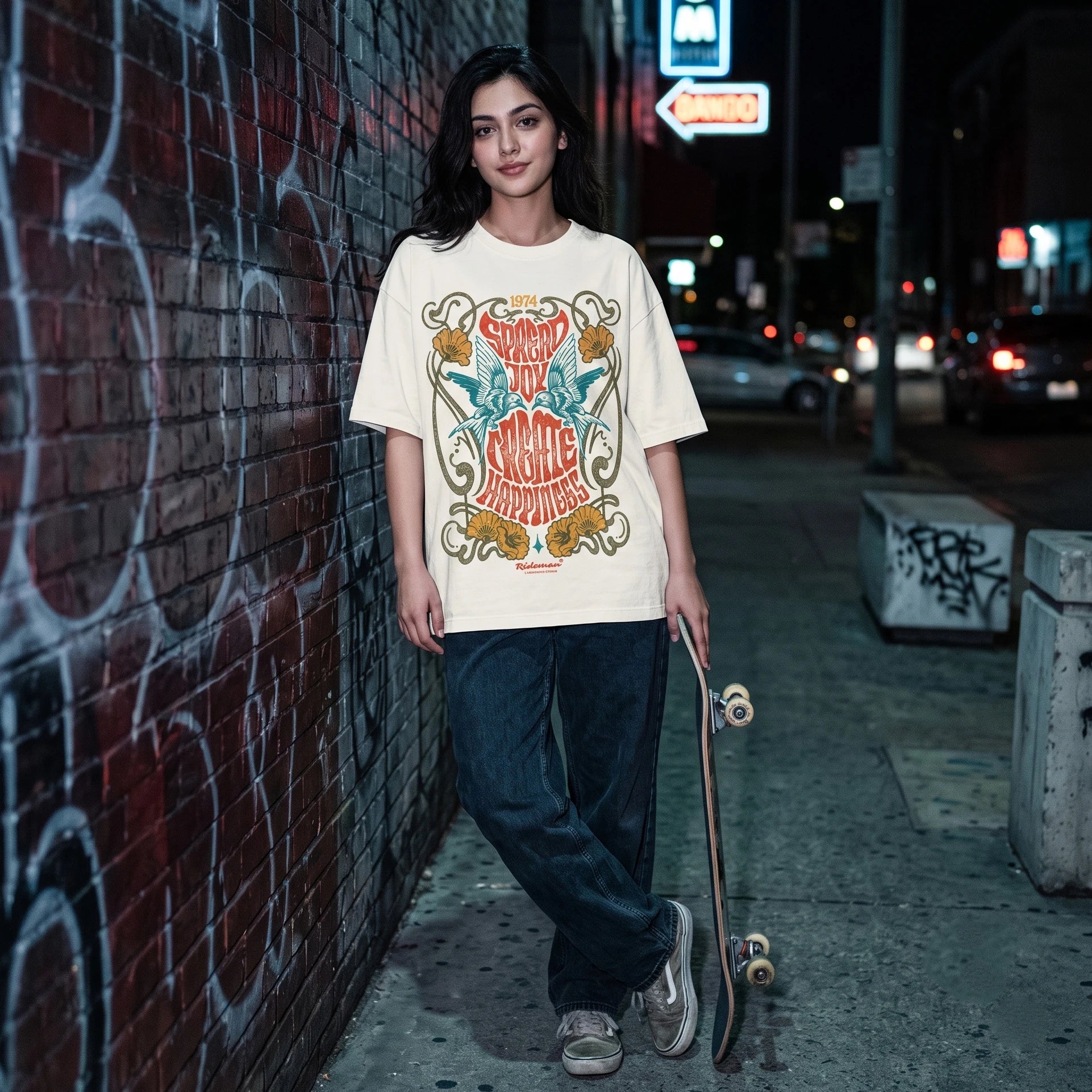 Spread Joy Create Happiness oversized retro graphic t-shirt with vintage bird and floral print, 240 GSM heavyweight cotton streetwear tee
