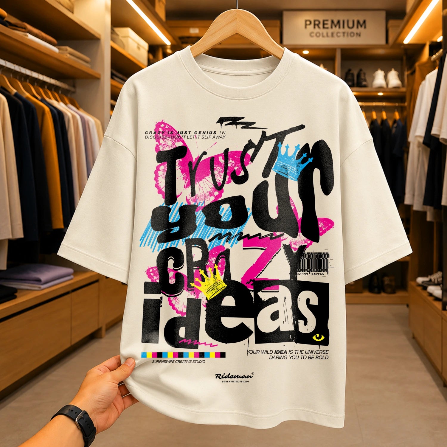 A Off-white graphic T-shirt hanging on a wooden hanger, held by a hand in a clothing store. The shirt features a colorful, graffiti-style graphic with the words 'Trust your crazy ideas' in black, pink, blue, and yellow paint textures.