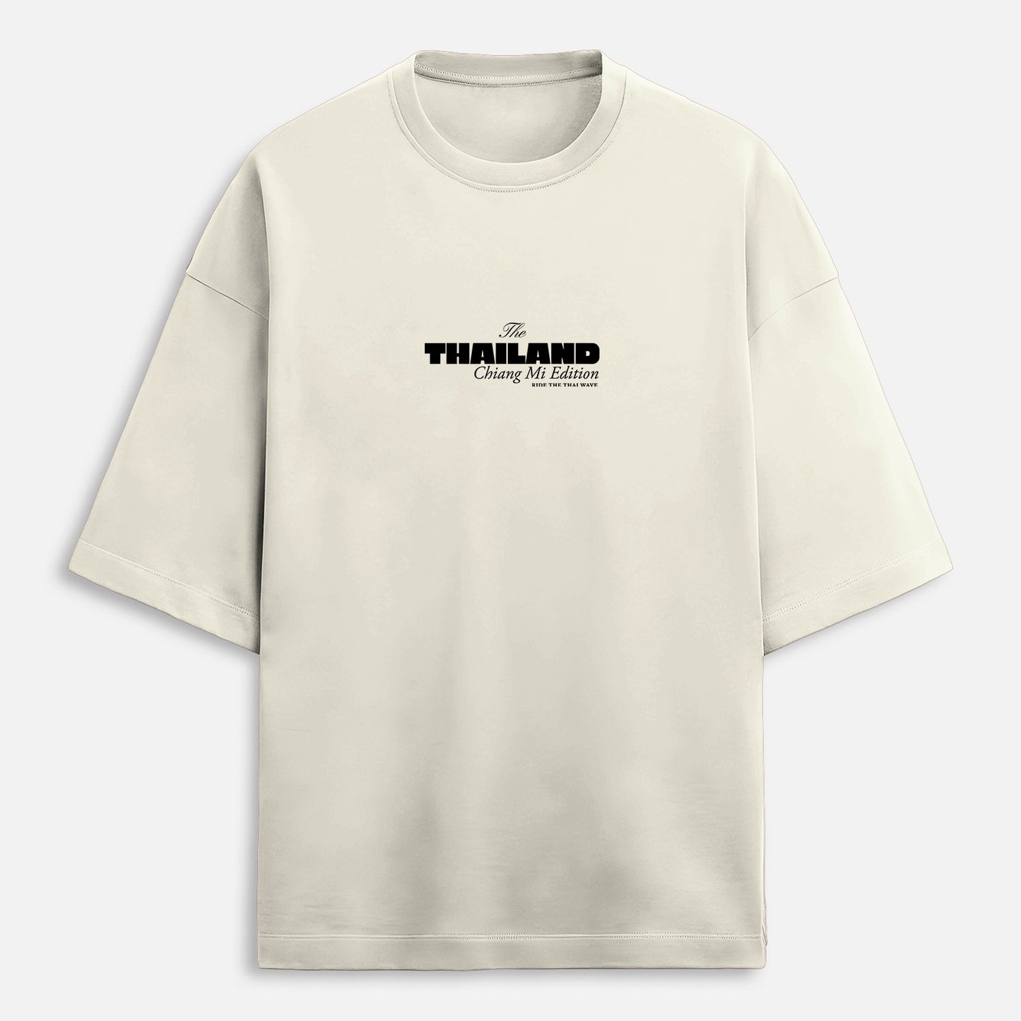 Beige t-shirt with black text on a white background