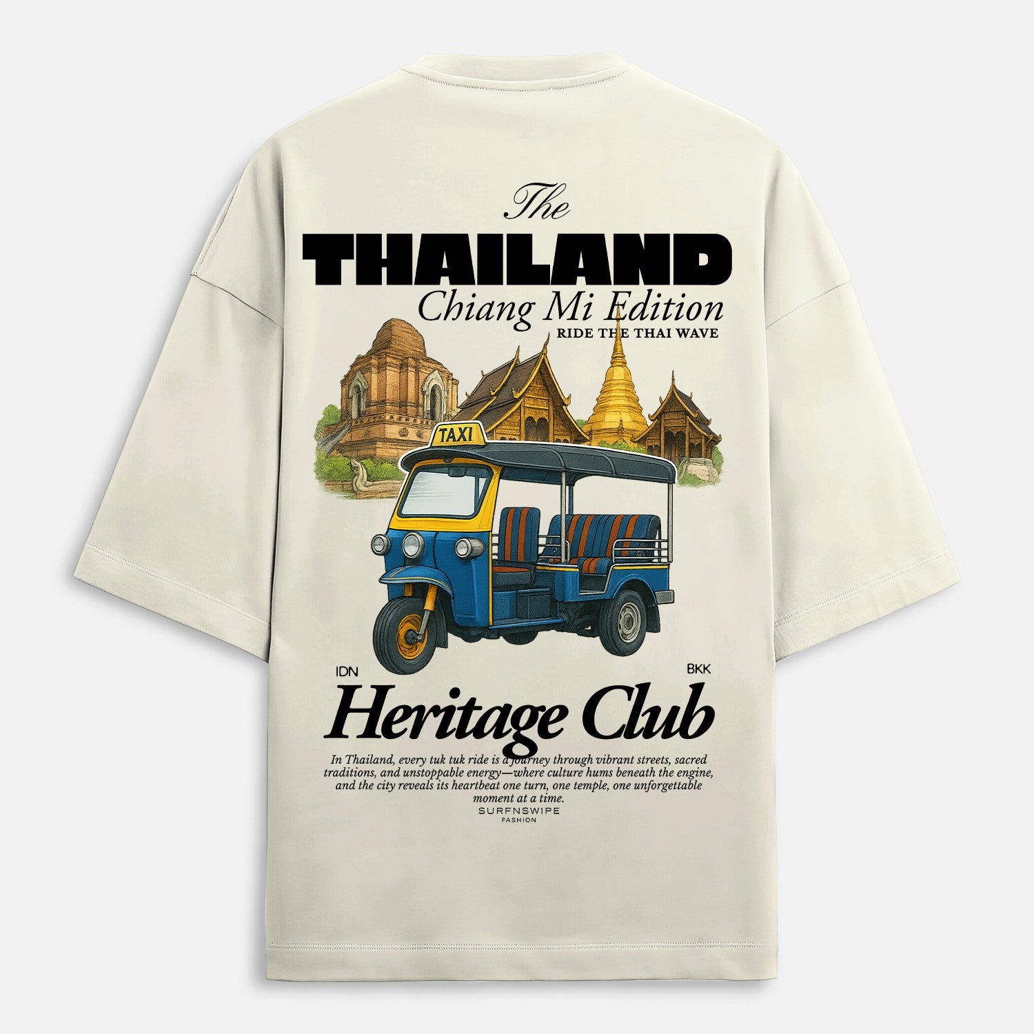 Beige t-shirt with a graphic of a tuk-tuk and Thai temple, featuring text about Thailand and Chiang Mai.
