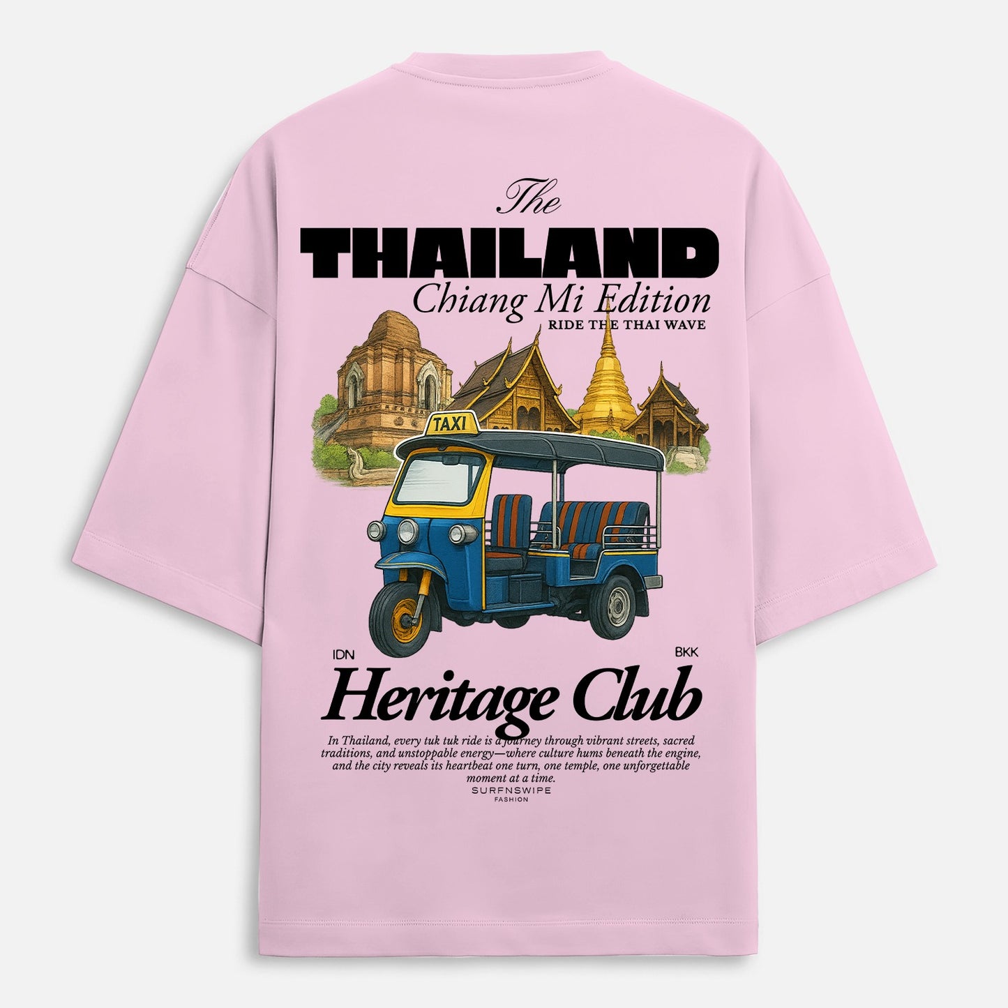 Pink t-shirt with a graphic of a tuk-tuk and temple, featuring text about Thailand and Chiang Mi.
