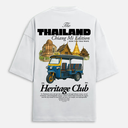 White t-shirt with a graphic of a tuk-tuk and Thai temple, featuring text about Thailand and Chiang Mai.