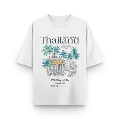 White t-shirt with Thailand-themed design featuring a temple and palm trees on a white background