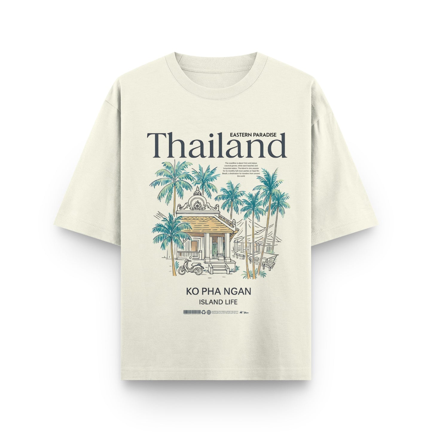 Beige t-shirt with tropical design and text on a white background