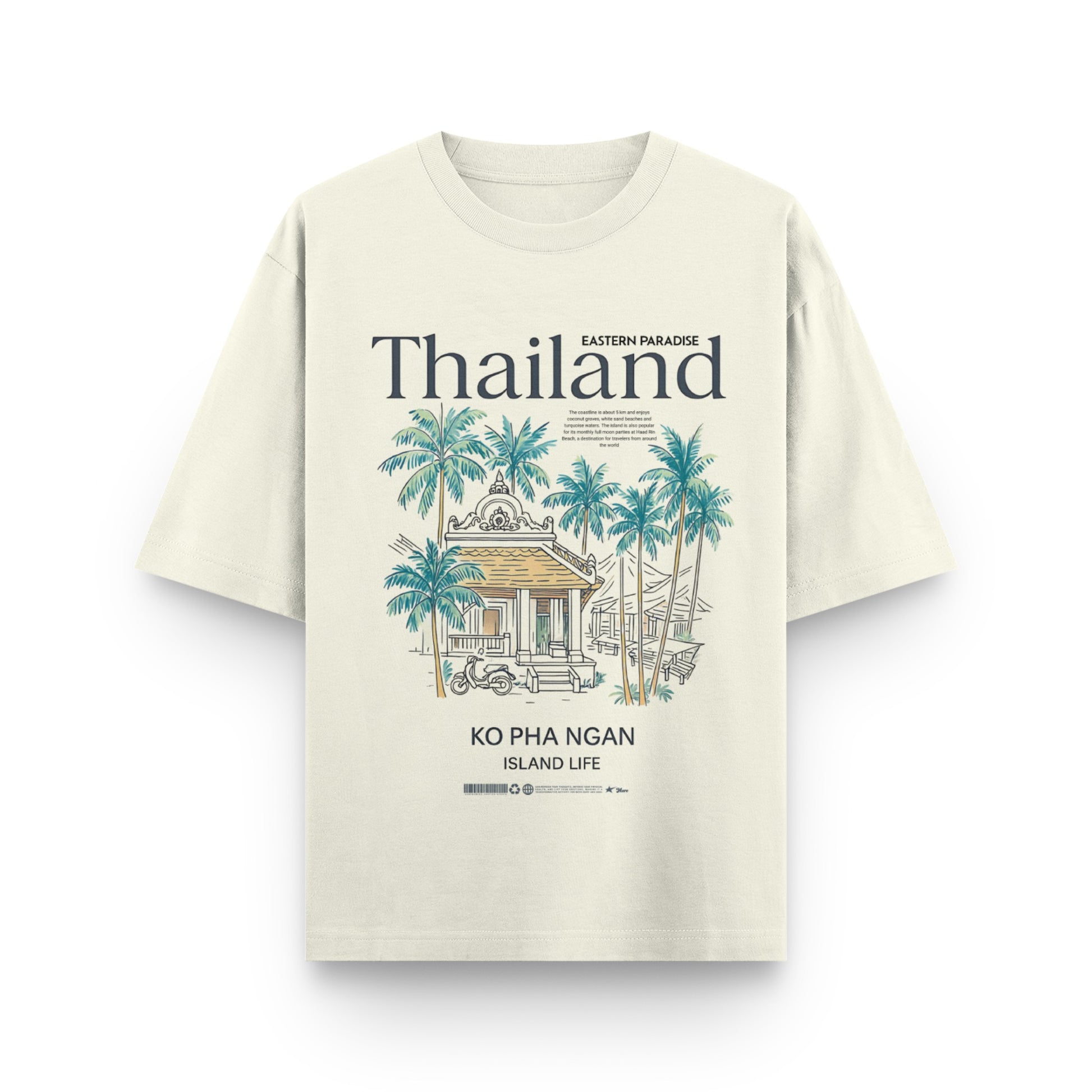 Beige t-shirt with tropical design and text on a white background