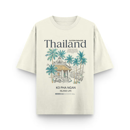 Beige t-shirt with tropical design and text on a white background
