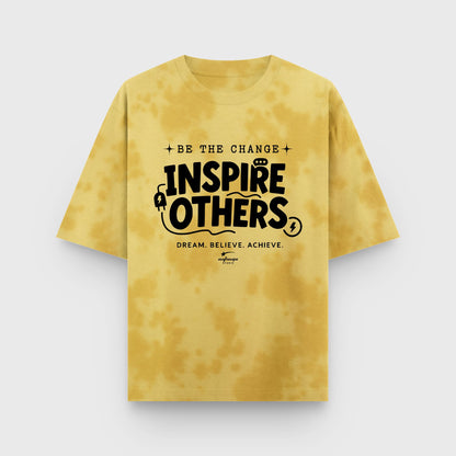 Yellow tie-dye t-shirt with motivational text on a white background