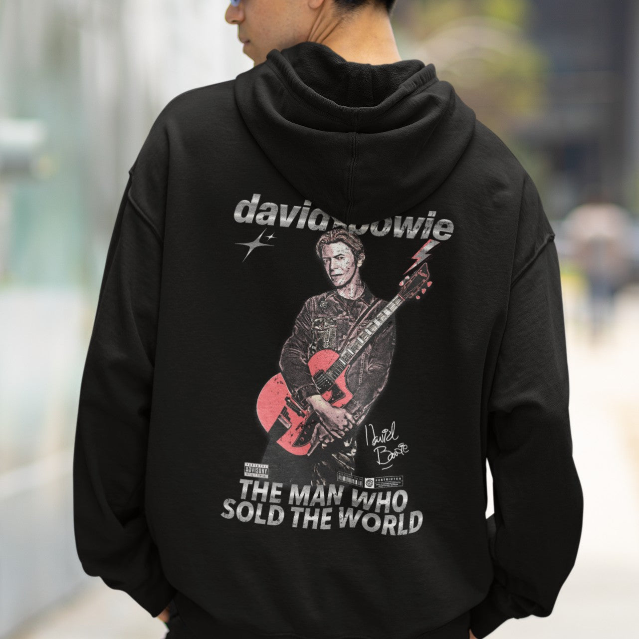 Unisex Black Oversized Hoodie with David Bowie Print