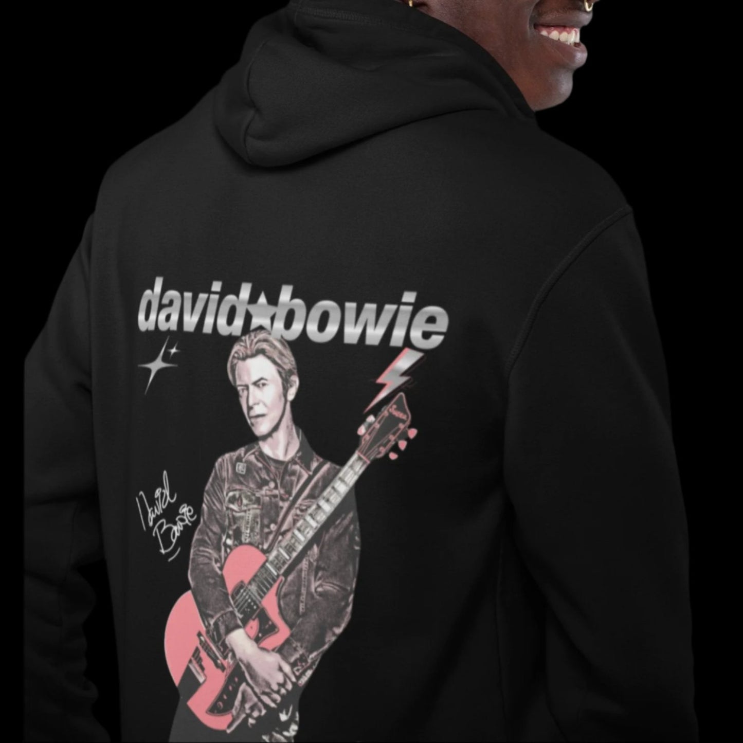 Unisex Black Oversized Hoodie with David Bowie Print