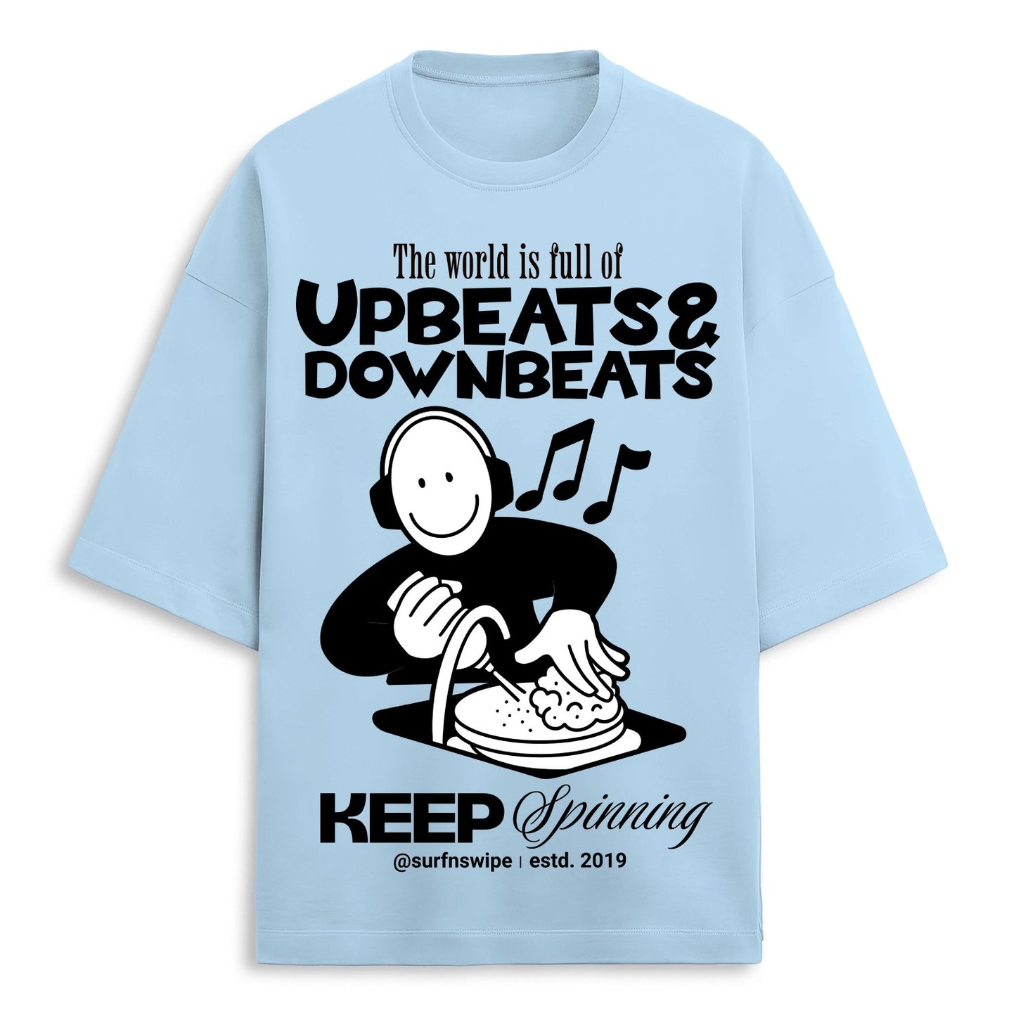 Light blue t-shirt with a graphic and text on a white background