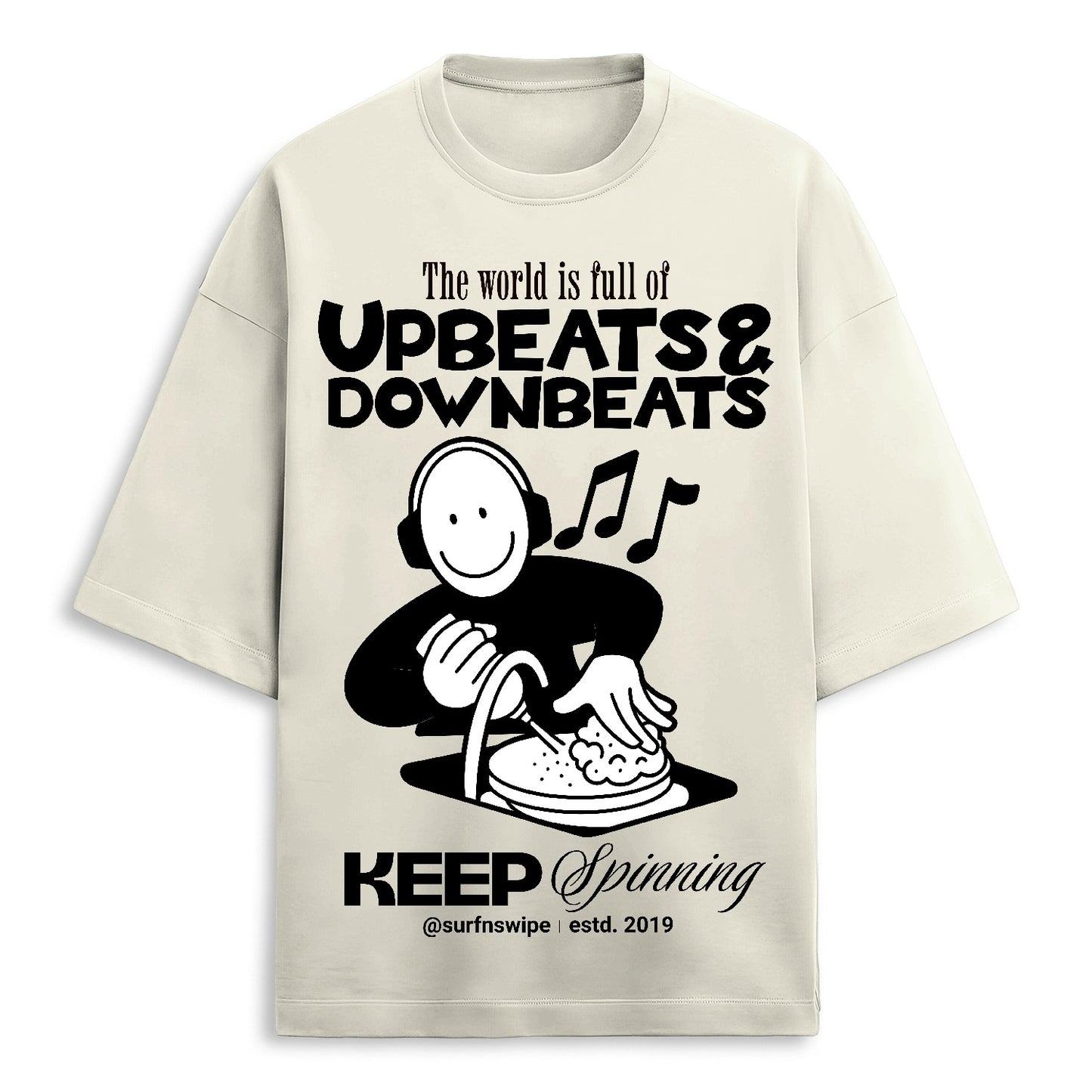Beige t-shirt with a graphic design featuring a person with headphones and text on a white background