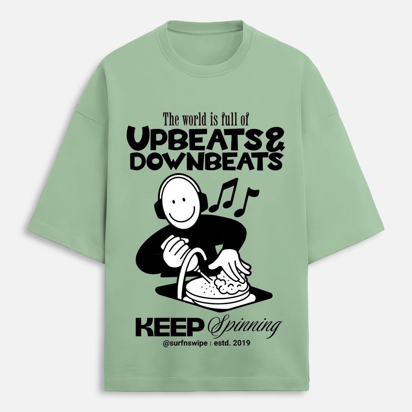 Light green t-shirt with black graphic and text on a white background