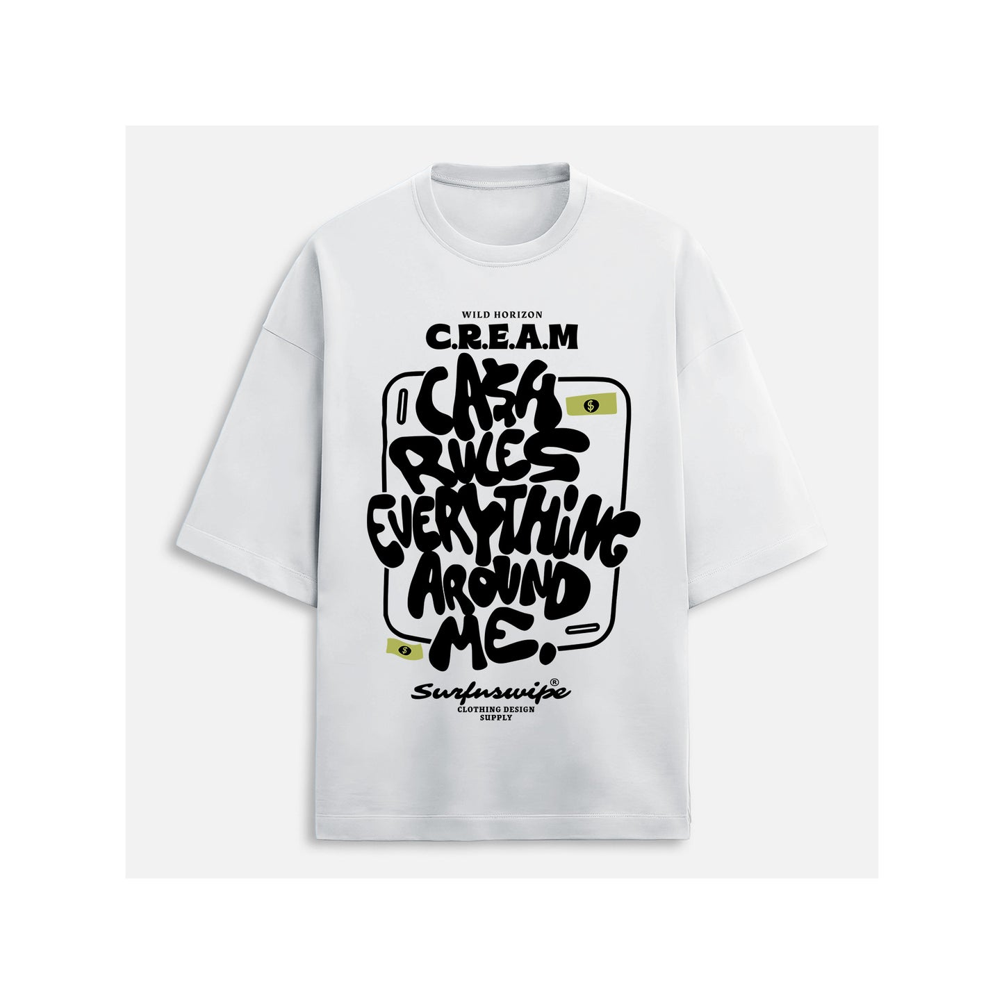 White t-shirt with black graphic design on a white background