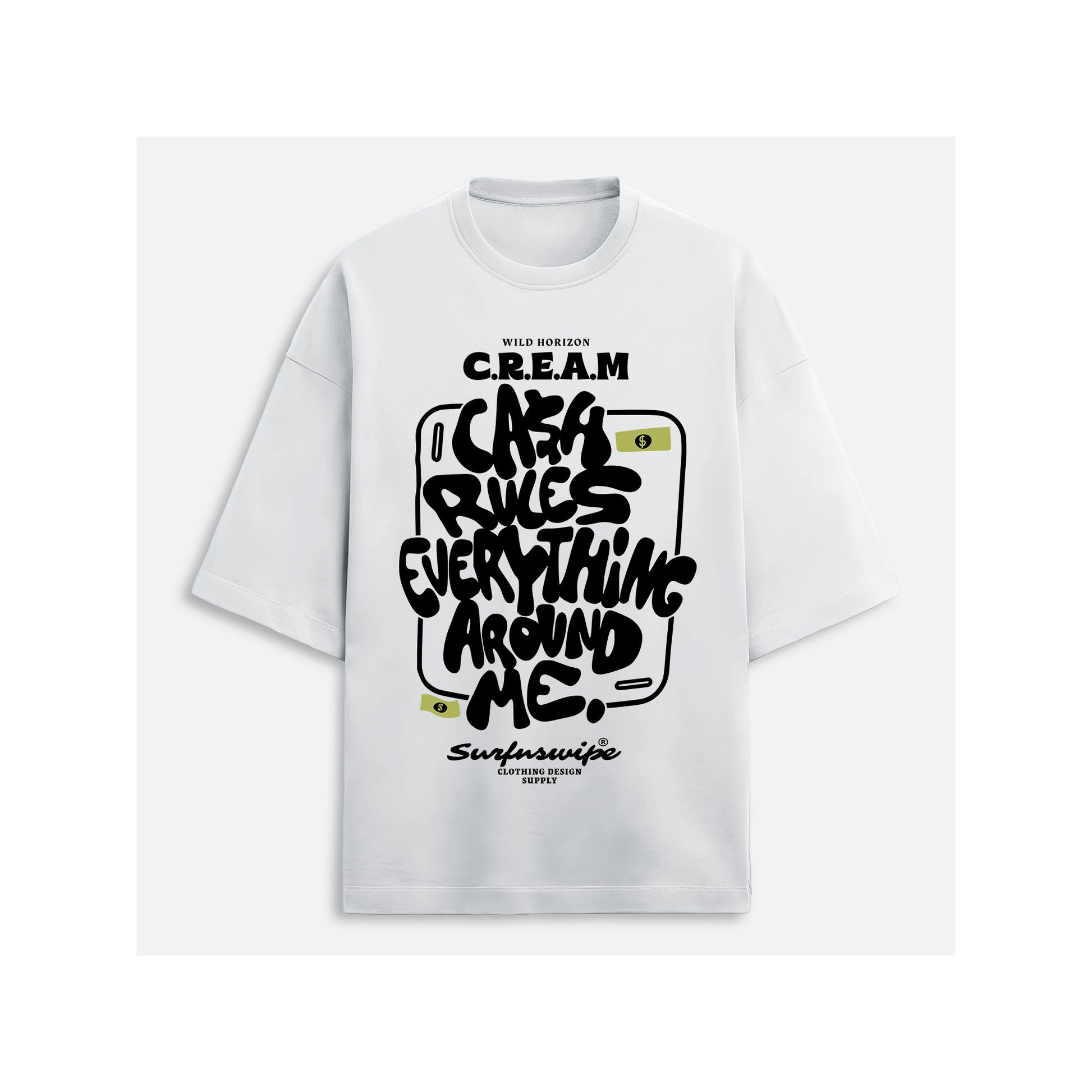 White t-shirt with black graphic design on a white background