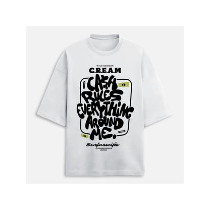 White t-shirt with black graphic design on a white background