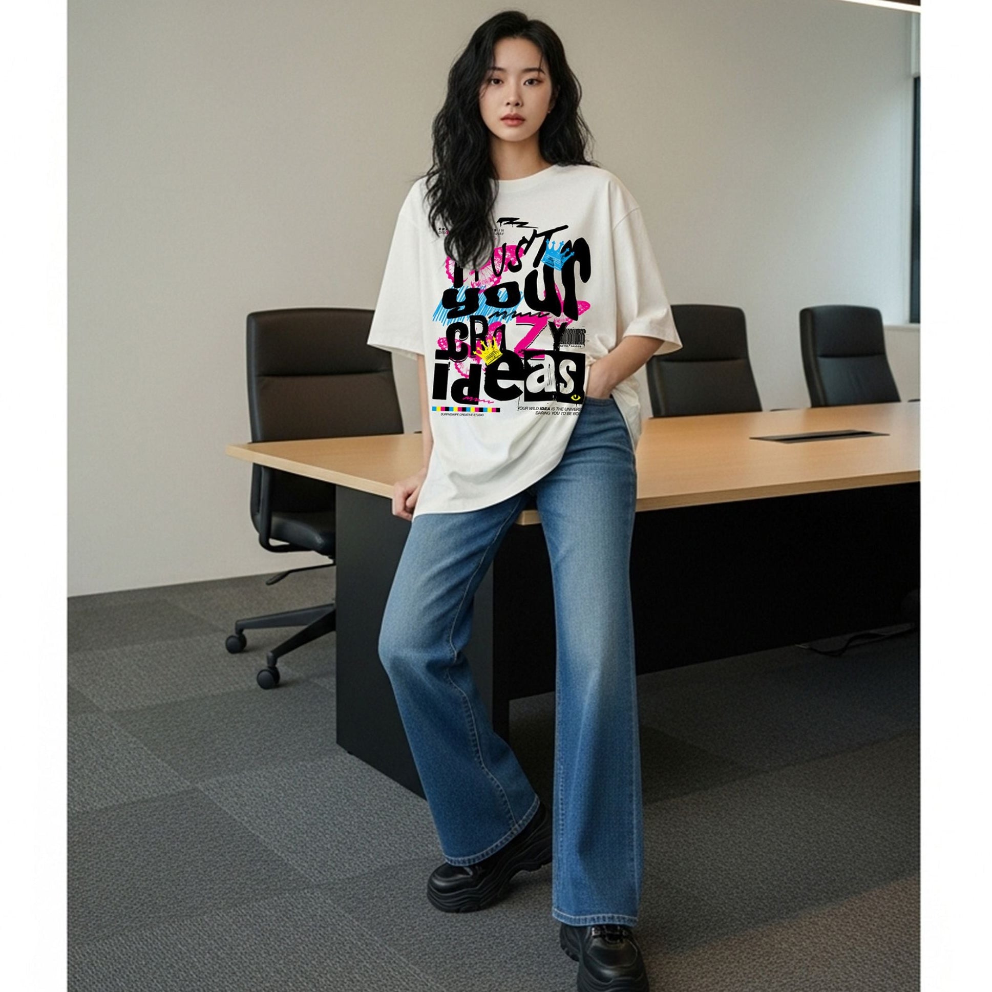 Person wearing a Trust Your Crazy Ideas Oversized Graphic T-Shirt