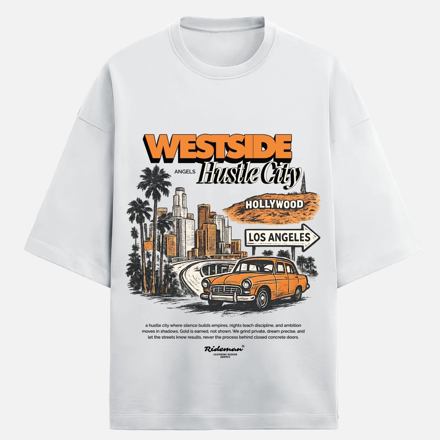 White t-shirt with 'Westside Hustle City' graphic design featuring a car, palm trees, and cityscape.