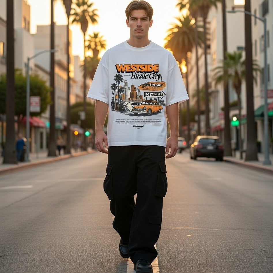 Person wearing a 'Westside Hustle City' t-shirt walking on a city street with palm trees.
