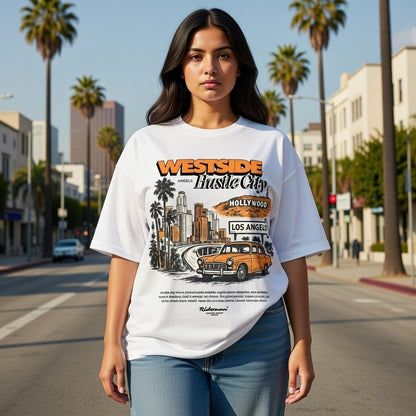 Woman wearing a 'Westside Hustle City' t-shirt with a graphic design on a city street.