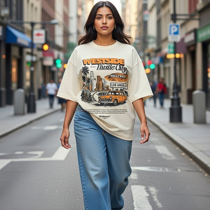 Woman wearing a 'Westside Hustle City' t-shirt on a city street.