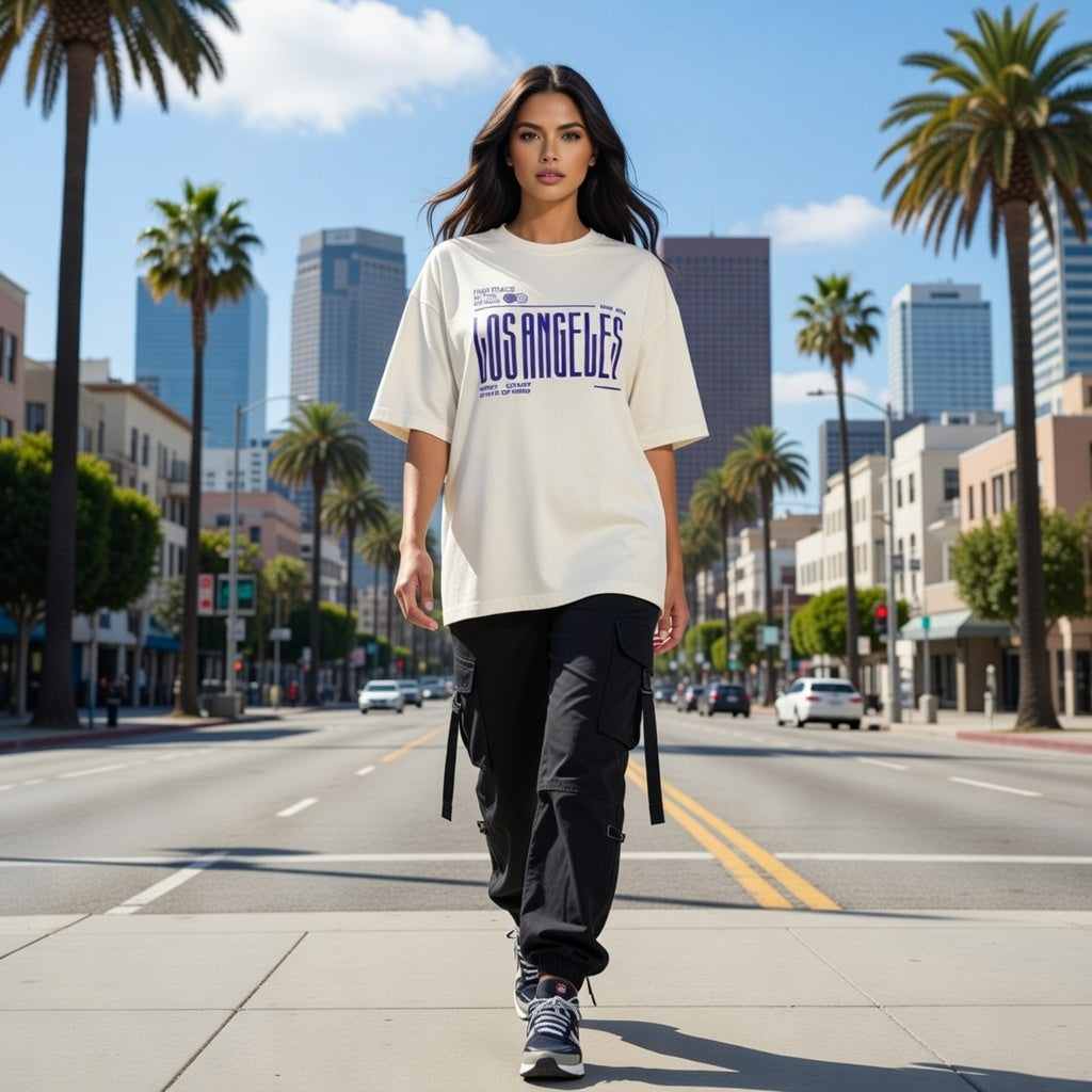 Woman walking on a city street with palm trees and buildings in the background