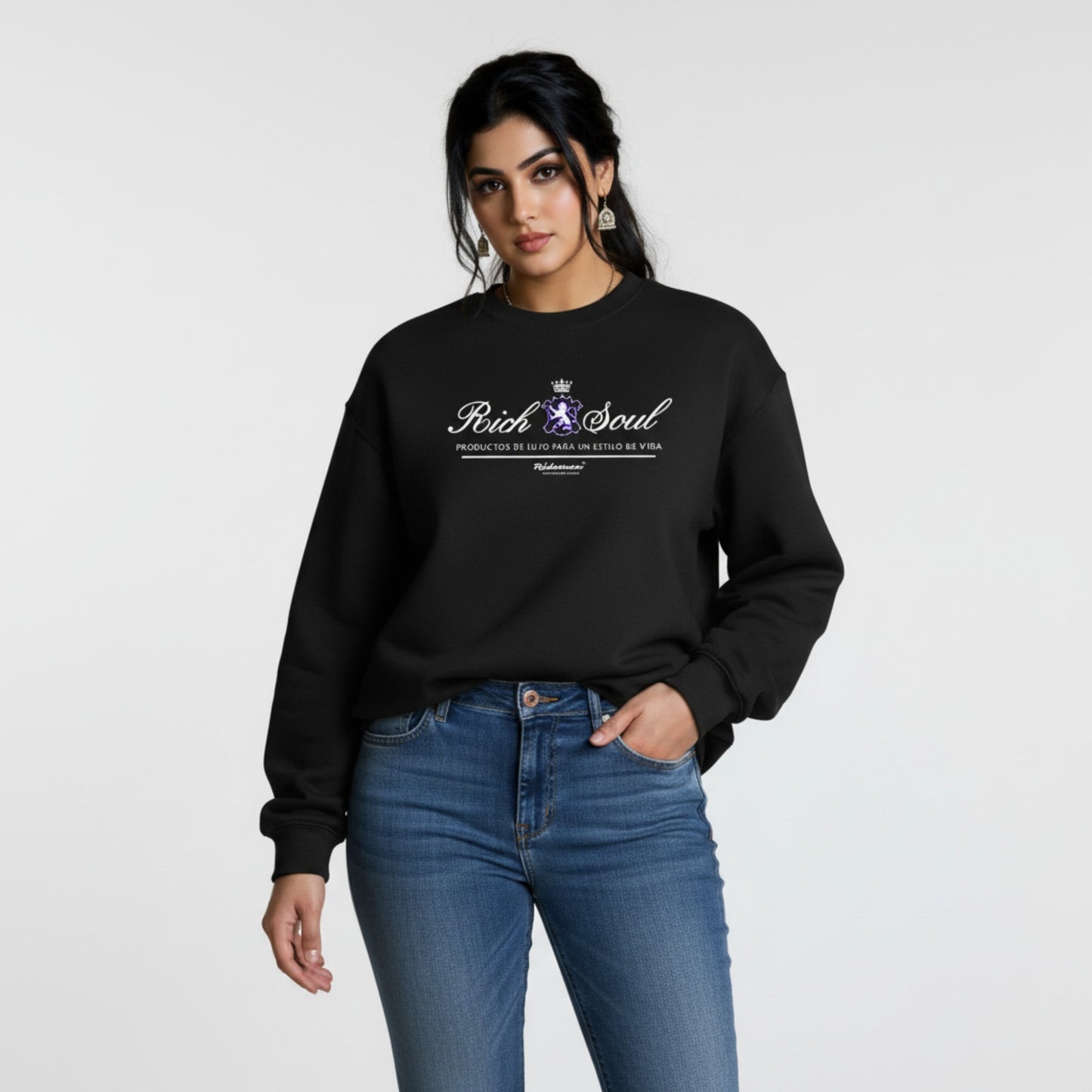Woman wearing a black sweatshirt with text and logo on a white background