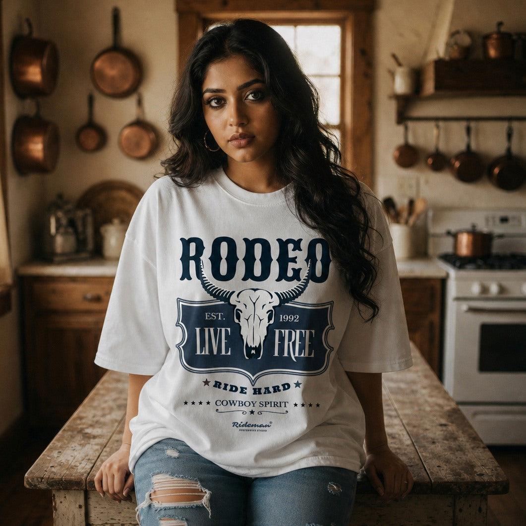 Woman wearing a white t-shirt with 'Rodeo Live Free' design in a living room.