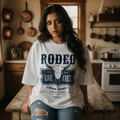 Woman wearing a white t-shirt with 'Rodeo Live Free' design in a living room.