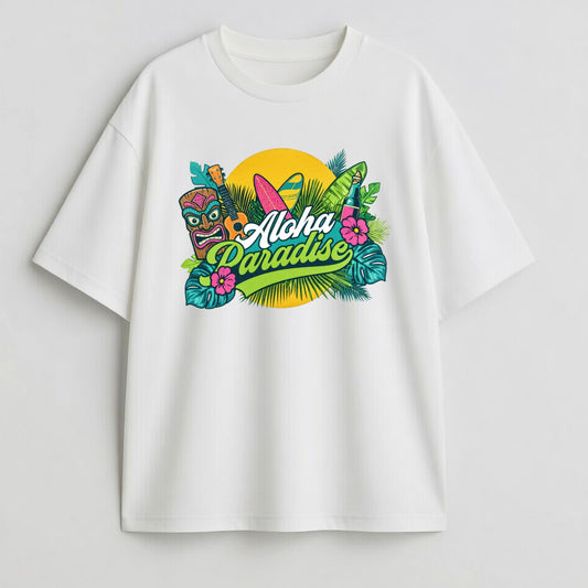 White t-shirt with 'Aloha Paradise' graphic design on a light gray background