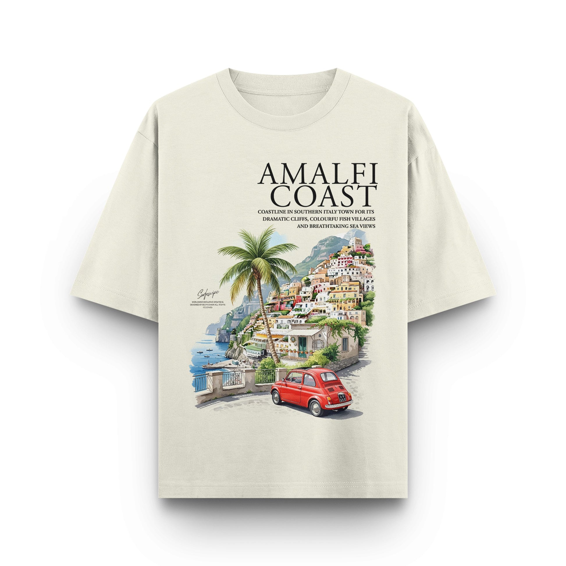 Off-white t-shirt with an Amalfi Coast design featuring a red car and scenic view.