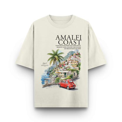 Off-white t-shirt with an Amalfi Coast design featuring a red car and scenic view.