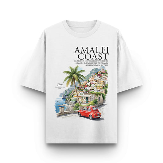 White t-shirt with Amalfi Coast design featuring a red car and scenic view.