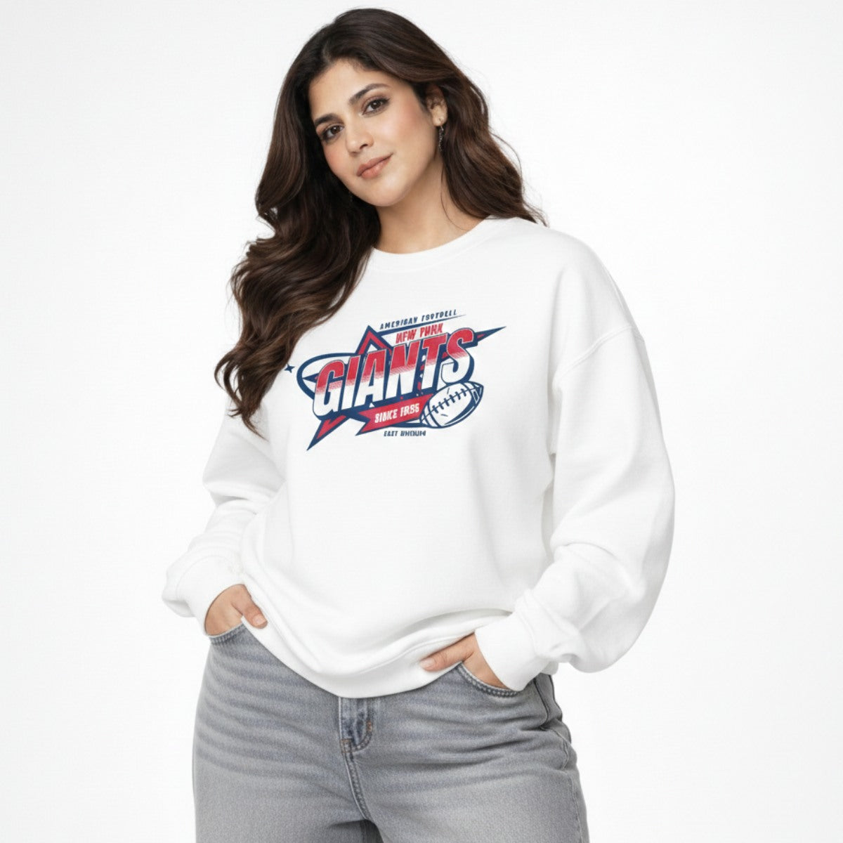 Woman wearing a white sweatshirt with a sports team logo on a white background