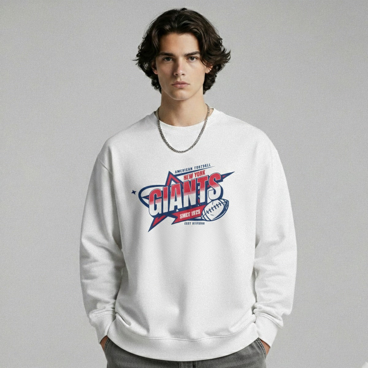 Person wearing a white sweatshirt with a sports team logo on a gray background