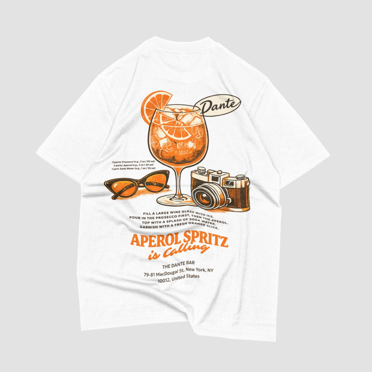 White t-shirt with Aperol Spritz graphic design on a gray background