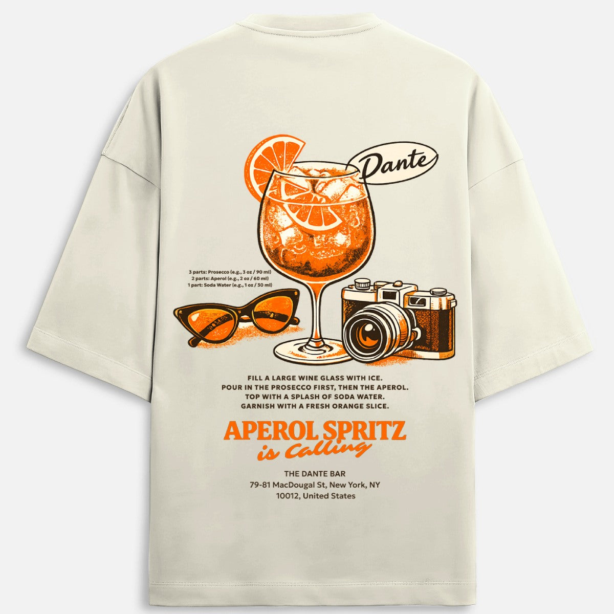 Beige t-shirt with Aperol Spritz graphic and branding on a white background