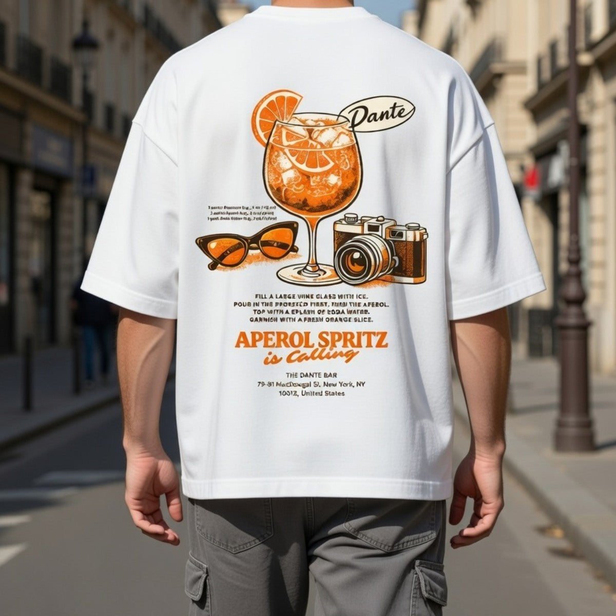 Person wearing a white t-shirt with an Aperol Spritz graphic and text on the back, standing on a city street.