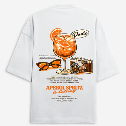 White t-shirt with Aperol Spritz graphic design on a white background