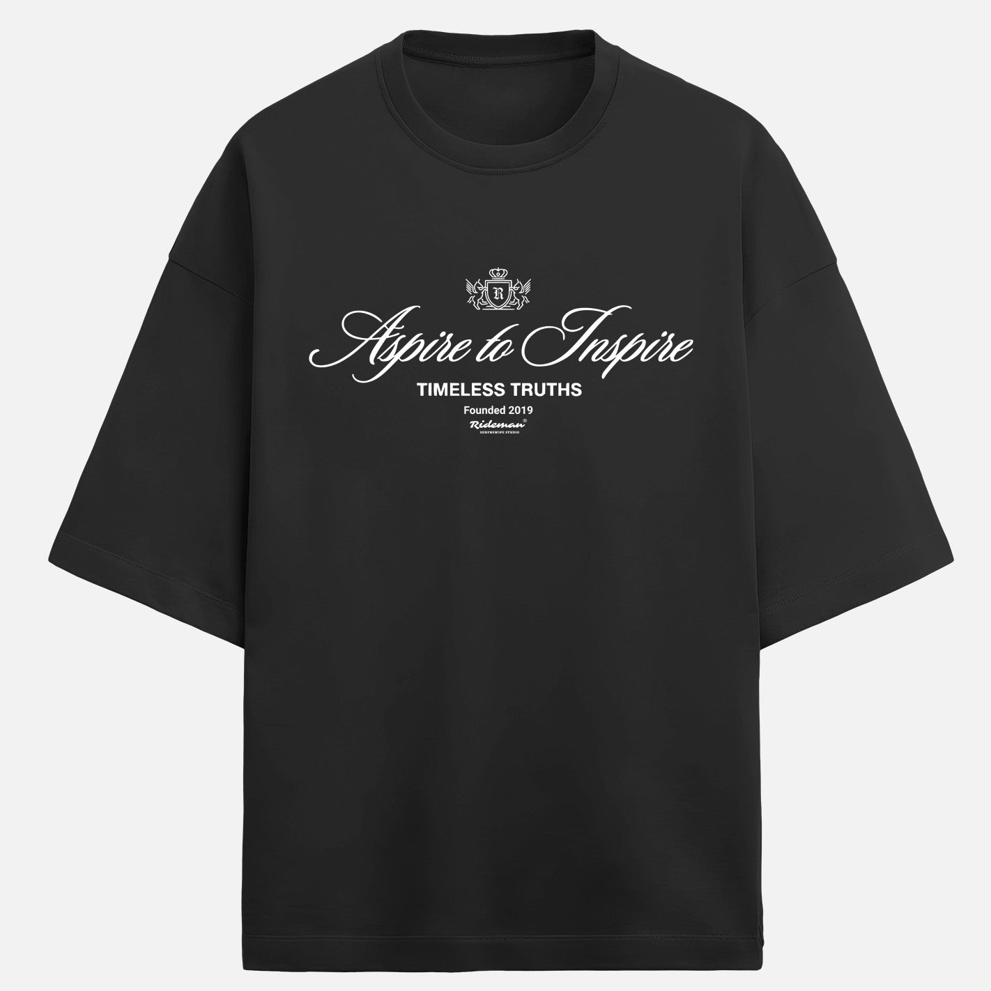 Black t-shirt with white text and logo on a white background