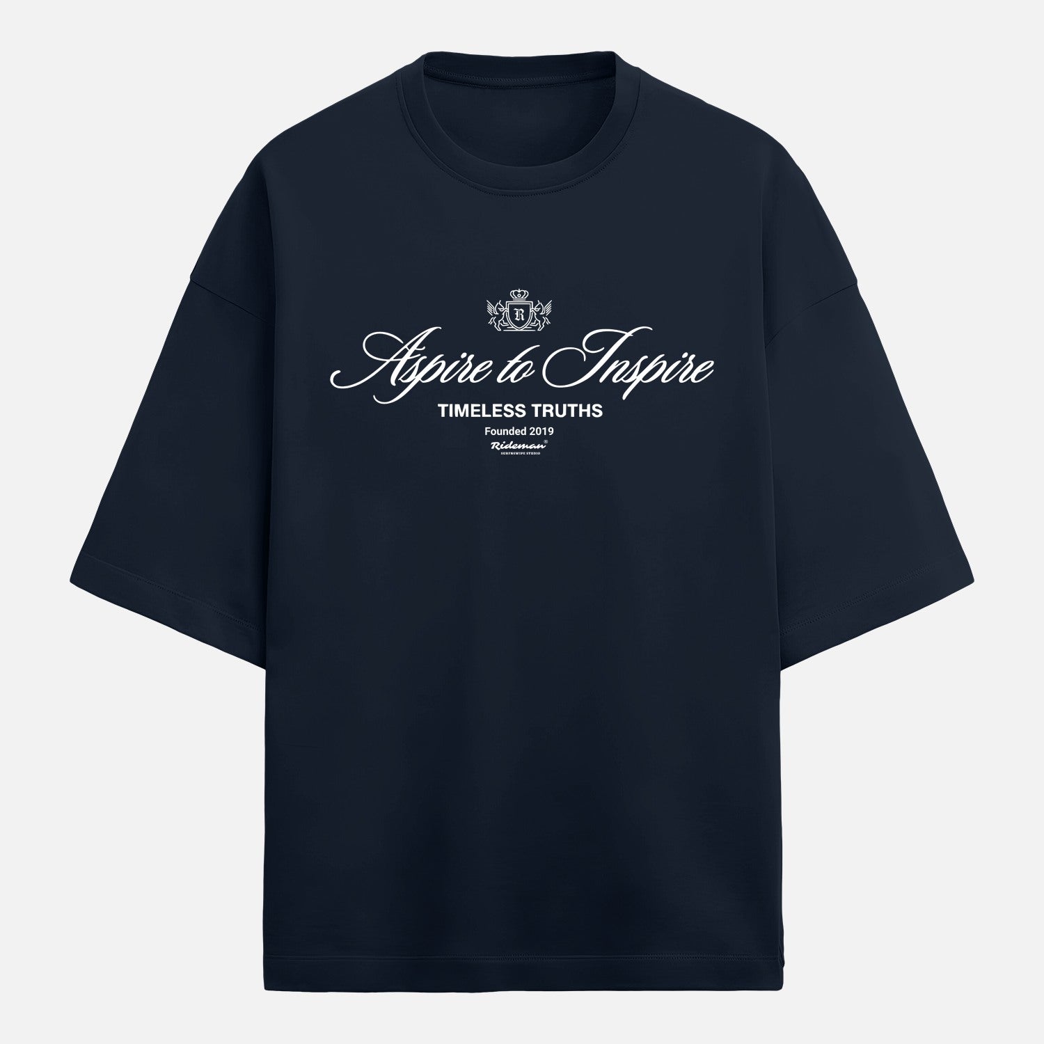 Navy blue t-shirt with white text on a light gray background