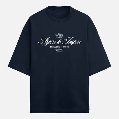 Navy blue t-shirt with white text on a light gray background