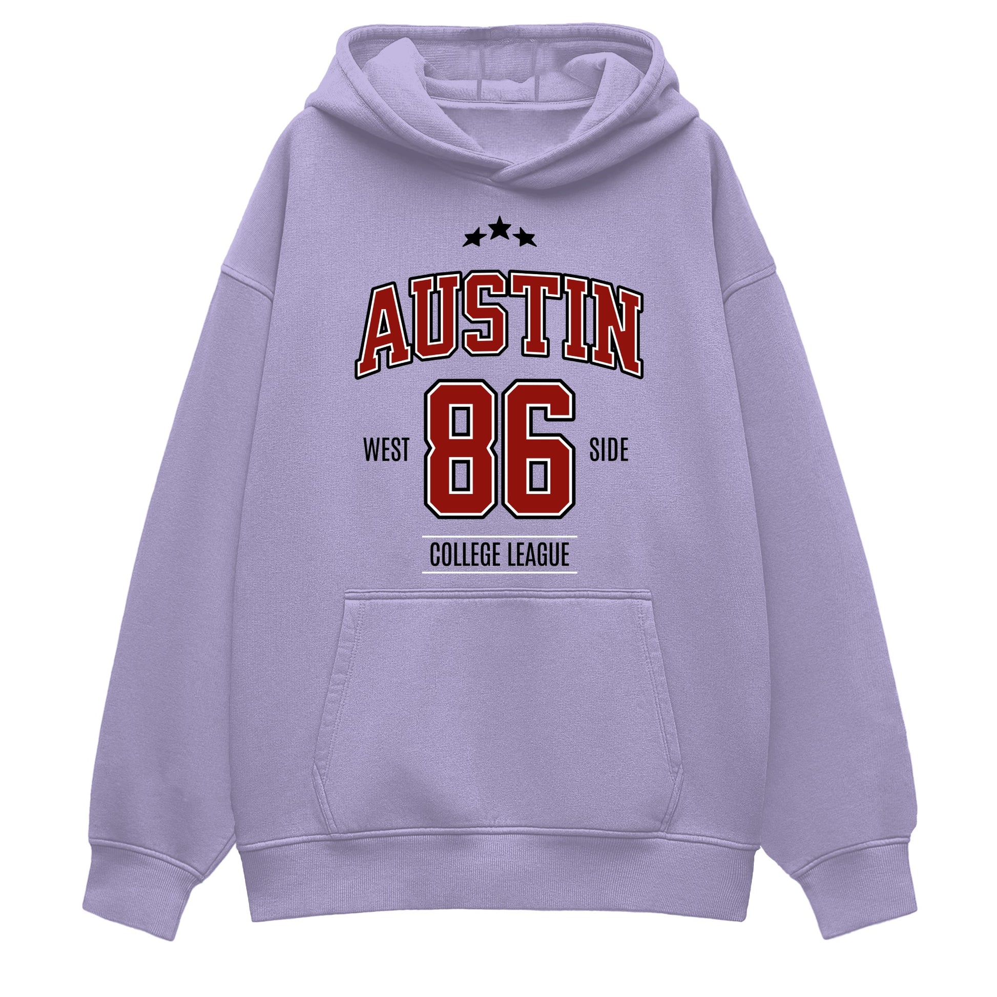 Purple hoodie with 'Austin 86' text on a white background