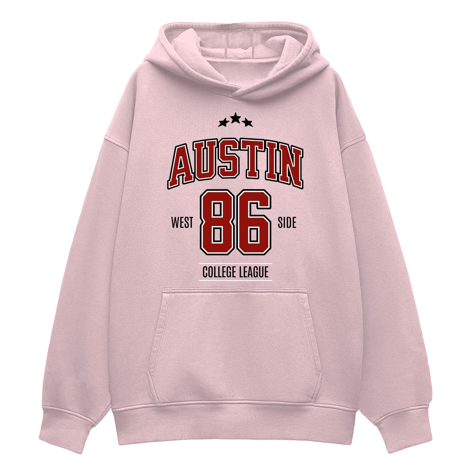 Pink hoodie with 'Austin 86 West Side College League' text on a white background