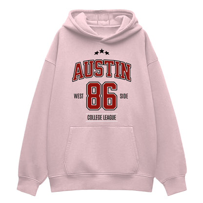 Pink hoodie with 'Austin 86 West Side College League' text on a white background
