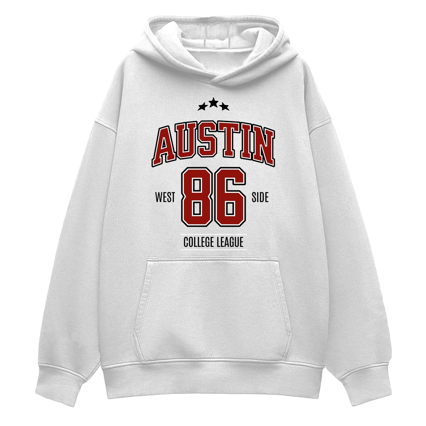 White hoodie with 'Austin 86' text design on a white background